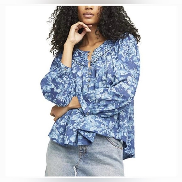 Free People Tops - Free People Cool Meadow Printed Top denim combo size large we the free boho